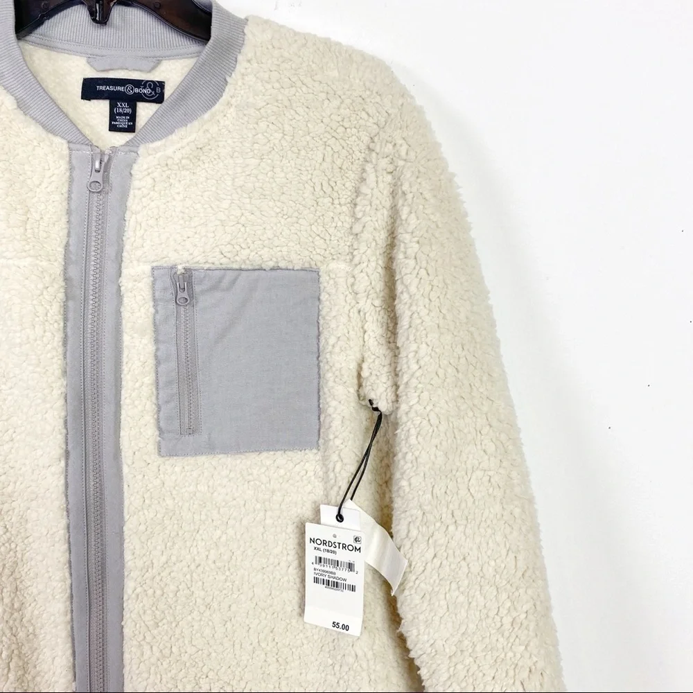 NEW Treasure & Bond Boys Fleece Baseball Style Jacket In Ivory Shadow Size XXL